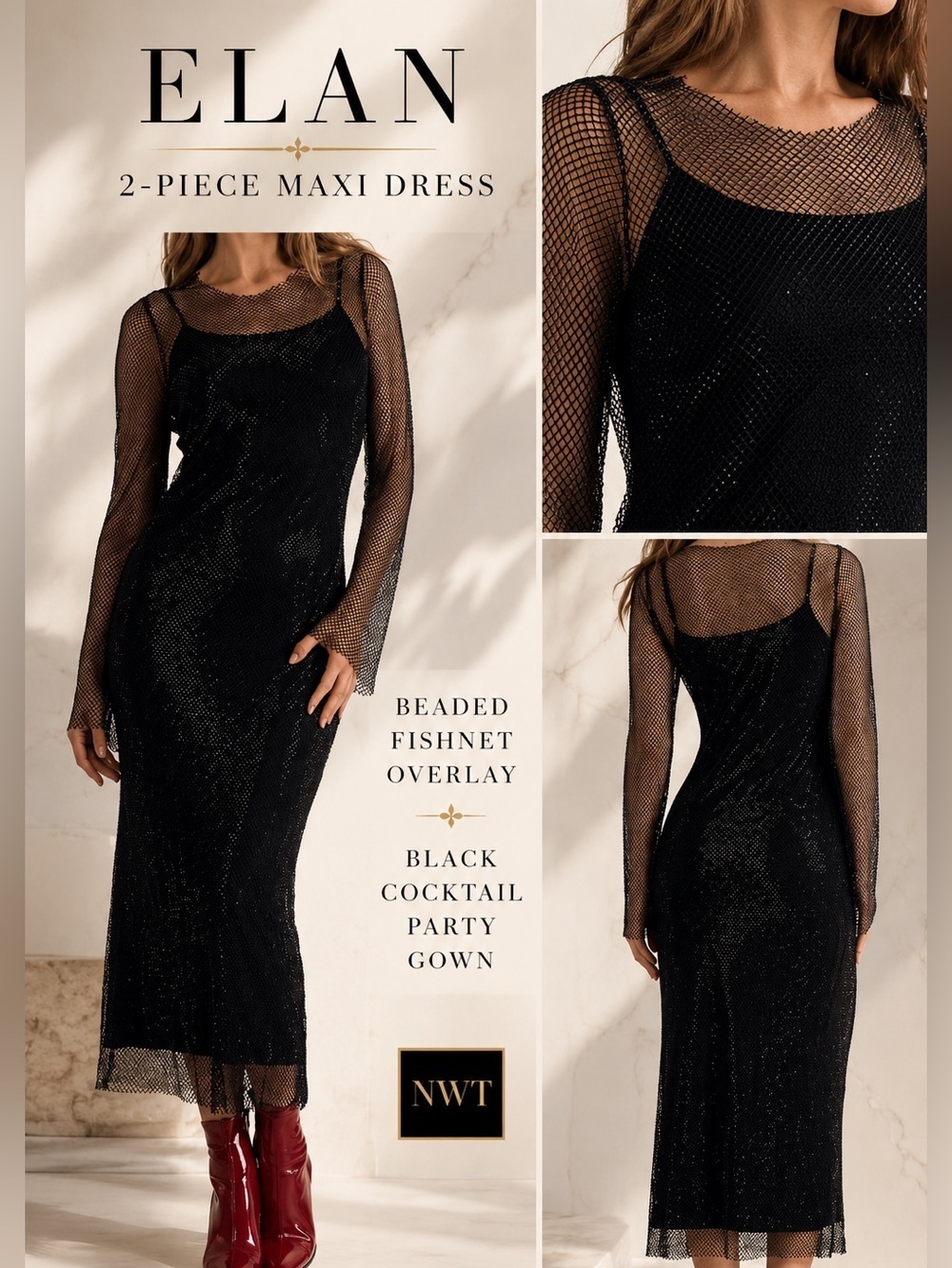 Elan 2 piece Beaded Sheer Overlay Black Midi Dress NWT Small Cocktail Party